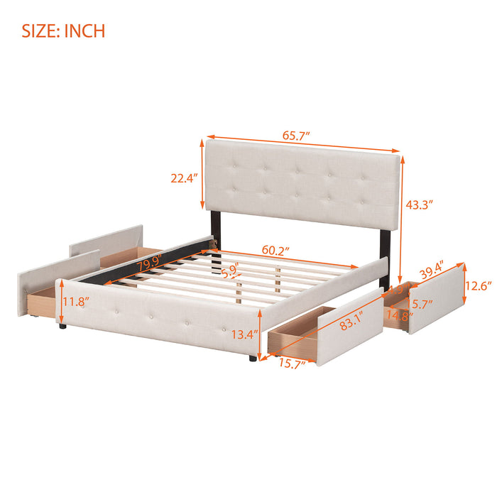 Upholstered Platform Bed With Classic Headboard And Drawers, No Box Spring Needed