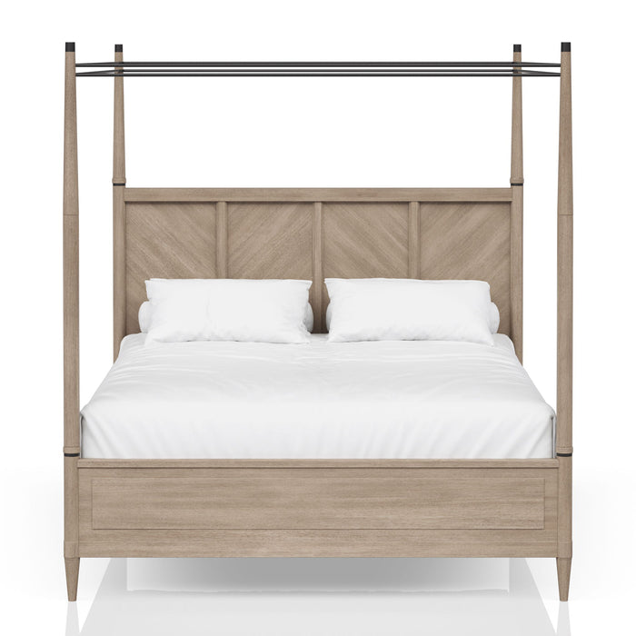 Queen Canopy Bedroom Set With A 2 Drawer Nightstand A Dresser With Poster Mirror And A Door Chest - Sand