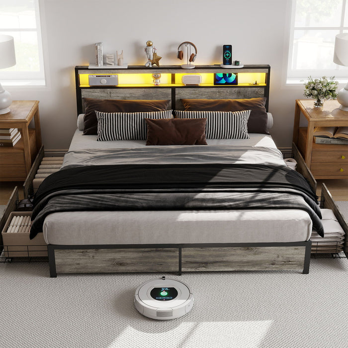 Bed Frame With Headboard, LED Lights & Charging Station