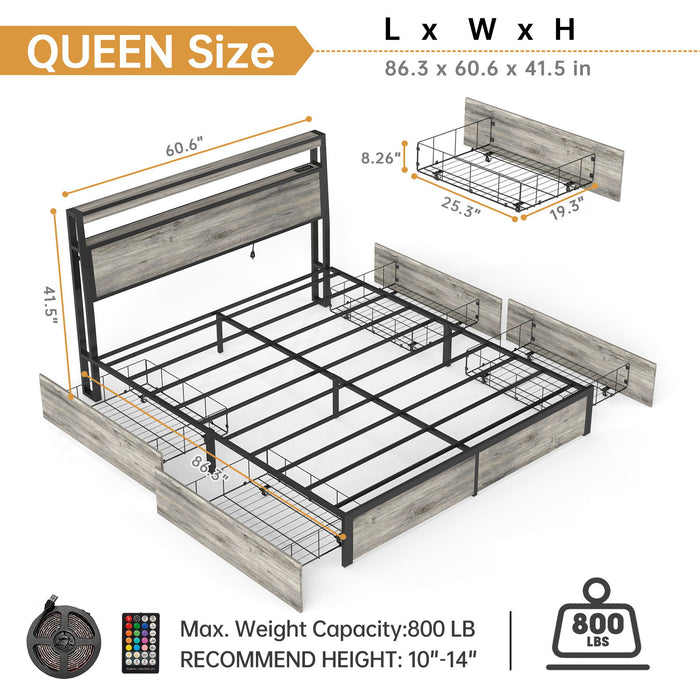 Bed Frame With Headboard, LED Lights & Charging Station
