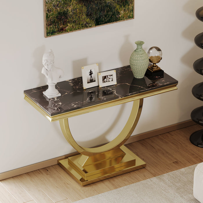 Modern Rectangular Marble Printing Console Table, U Shape Stainless Steel Base - Black