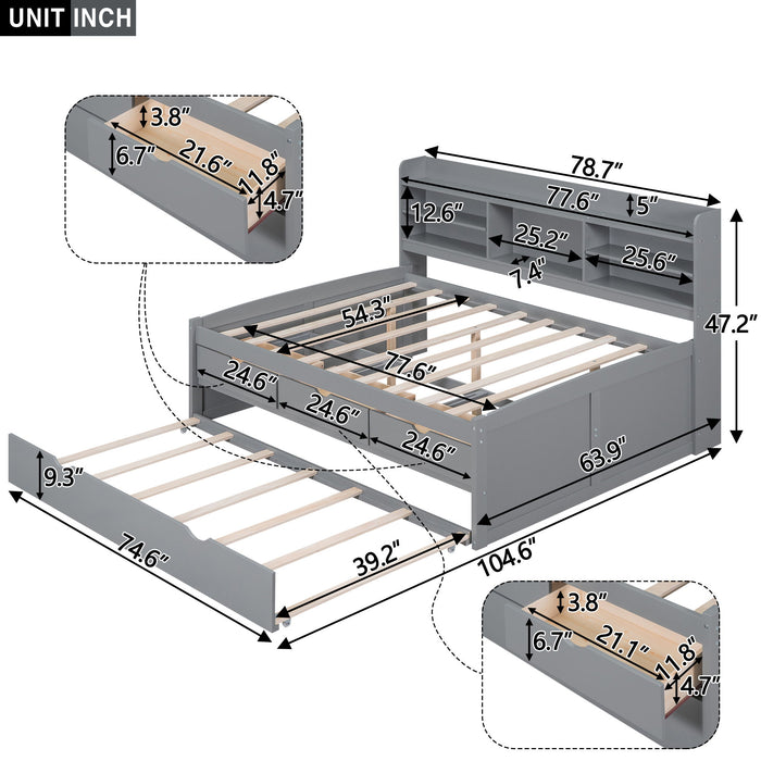 Captain Bed With Built In Bookshelves, 3 Storage Drawers, And Trundle