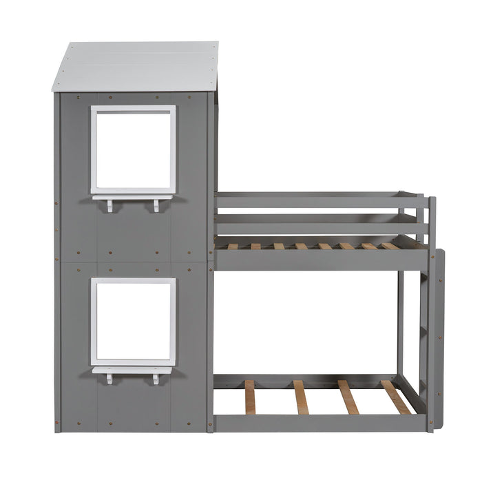 Bunk Bed Wood Bed & Roof, Window, Guardrail, Ladder