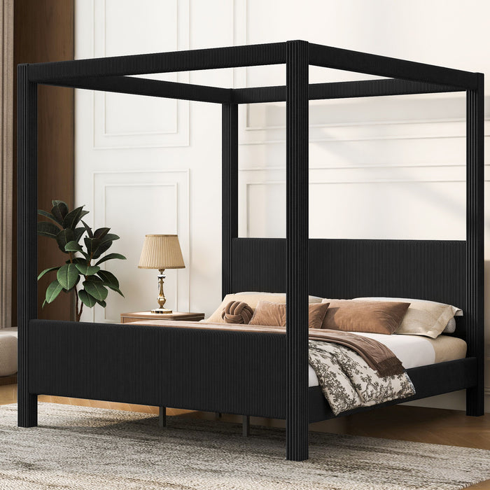 Upholstered Canopy Platform Bed With Headboard And Footboard, Vertical Ribbed Design