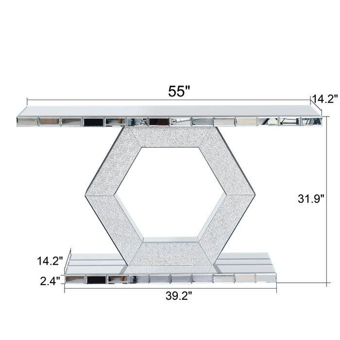 Sparkling Crystal Hexagon Mirror Entryway Premium Modern Foyer Console Table With Diamond Glass Effects, Dual Tier Luxury Sofa Table - Silver