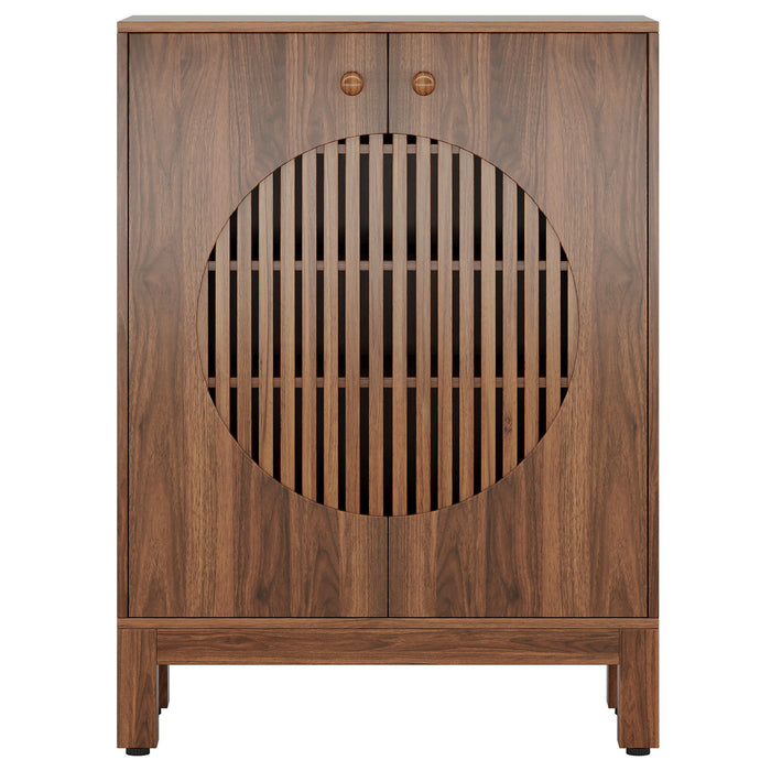 5 Tier Shoe Cabinet With Round Louvered Doors, Storage Organizer - Brown