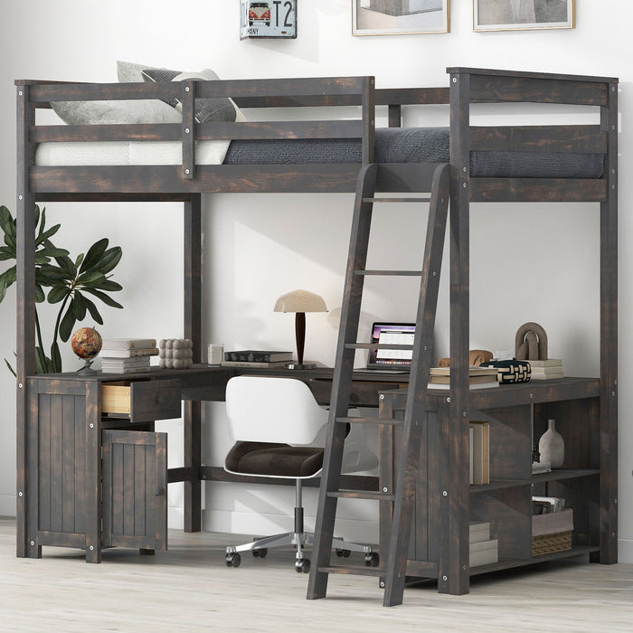 Loft Bed With U Shaped Desk, Drawers, And Storage Shelves