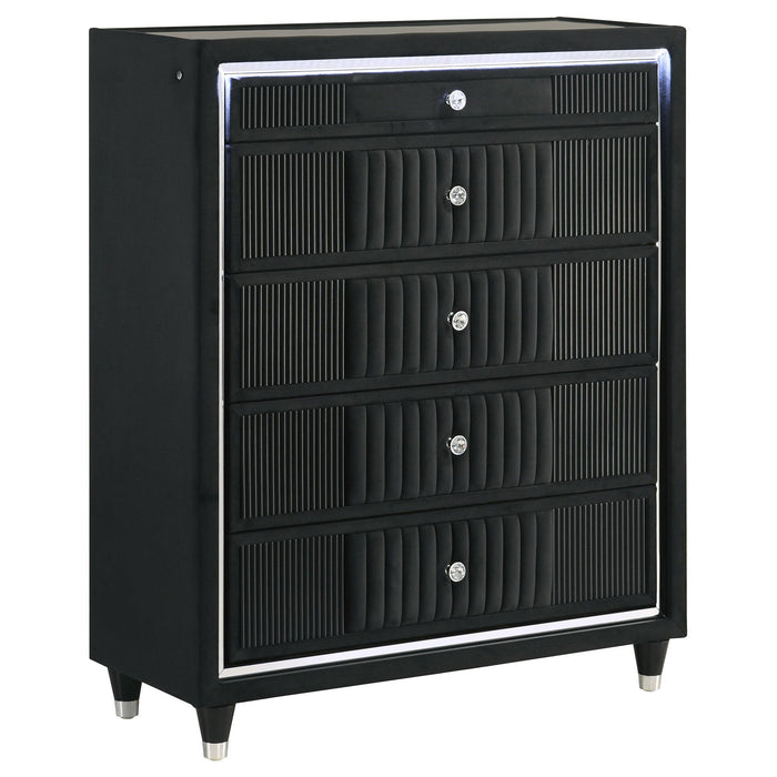 Ravenne 5-drawer Velvet Upholstered LED Chest of Drawers Black