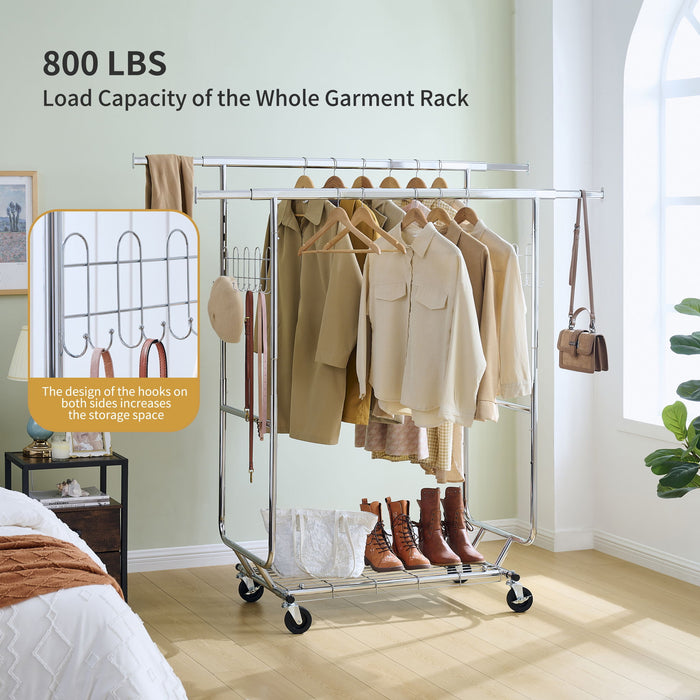 Heavy Duty Double Clothing Garment Rack With Shelves - Silver