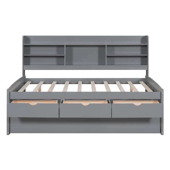 Captain Bed With Built In Bookshelves, 3 Storage Drawers, And Trundle