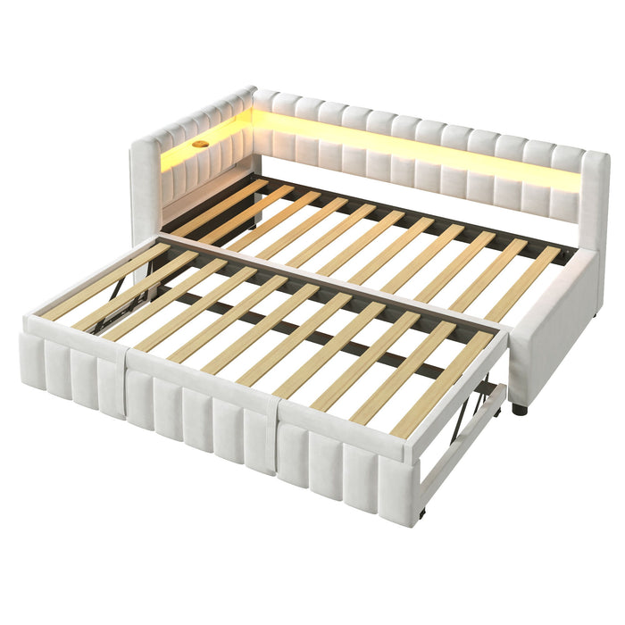 Upholstered Daybed With LED Lights, USB Charging, Pull Out Trundle Bed