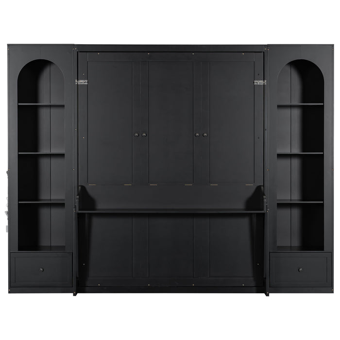 French Style Murphy Platform Bed With Shelf, Side Cabinets, Drawers And LED