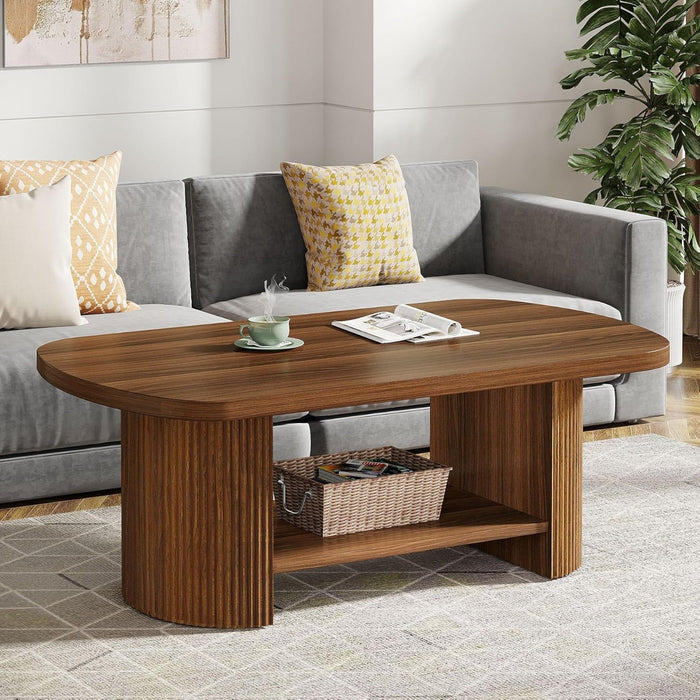 2 Tier Oval Coffee Table With Storage Shelf For Living Room - Rustic Brown