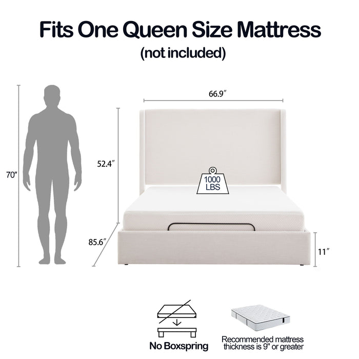 Caron - Queen Size Upholstered Wingback Bed With Adjustable Base Bundle Set - Ivory
