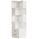 Corner Bookshelf With 2 Drawers, 5 Tier Bookcase For Apartment - White