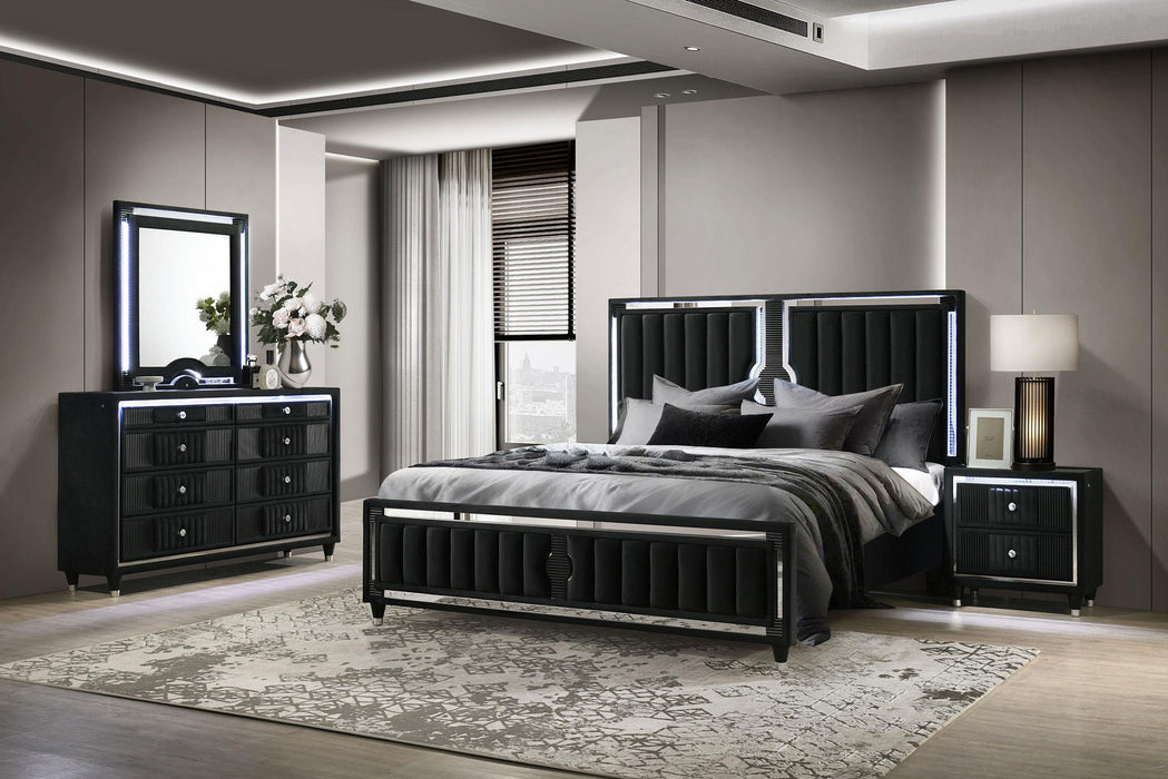 Ravenne 4-piece Velvet Upholstered Queen LED Bedroom Set Black