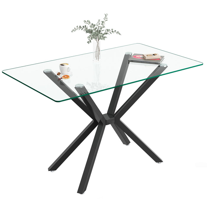 Rectangular Clear Tempered Glass Dining Table, Stylish Design With Plated Metal Legs