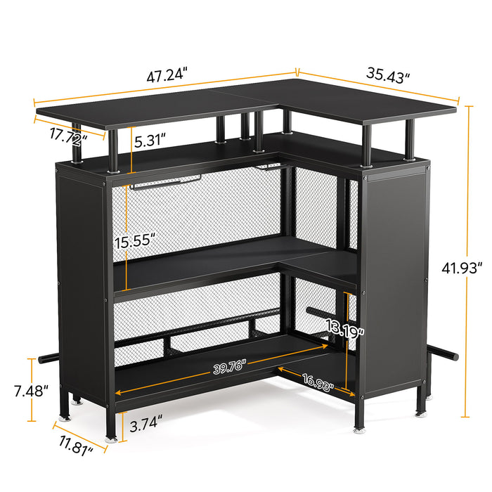 L Shaped Home Mini Bar Table With 2 Tier Shelves & Glass Racks - Black