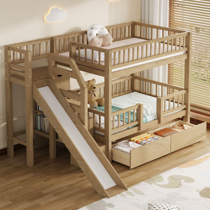 Bunk Bed With Storage Staircase, Slide And 2 Drawers