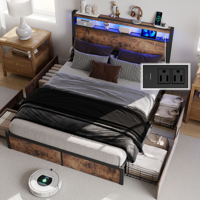 Bed Frame With Headboard, LED Lights & Charging Station