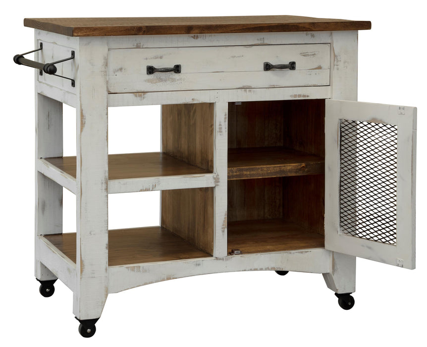 Pueblo White - Kitchen Island With 1 Drawer / 1 Mesh Door - Antiqued White / Brown