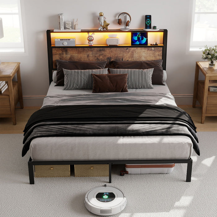 Bed Frame With Headboard, LED Lights & Charging Station