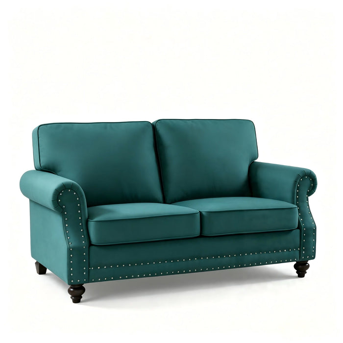 Loveseat Sofa With Nailhead Detail & Turned Legs, 2 Seater Upholstered Couch