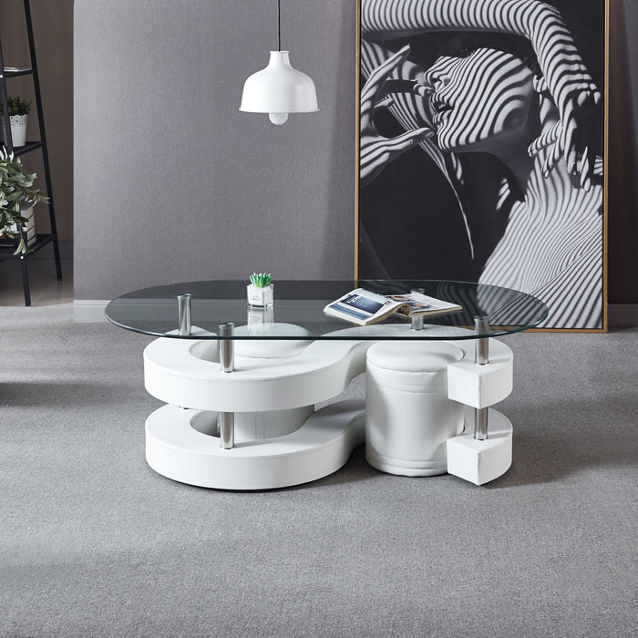 3 Pieces Coffee Table Set, Oval 10 Mm / Thick Tempered Glass Table And 2 Stools - White