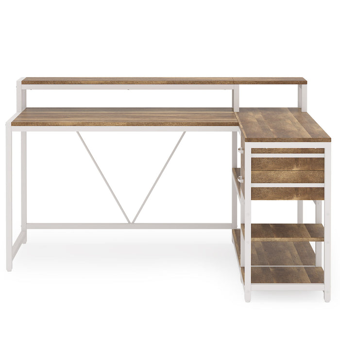 L-Shaped Home Office Desk With Monitor Riser, Drawers, And Storage Shelves