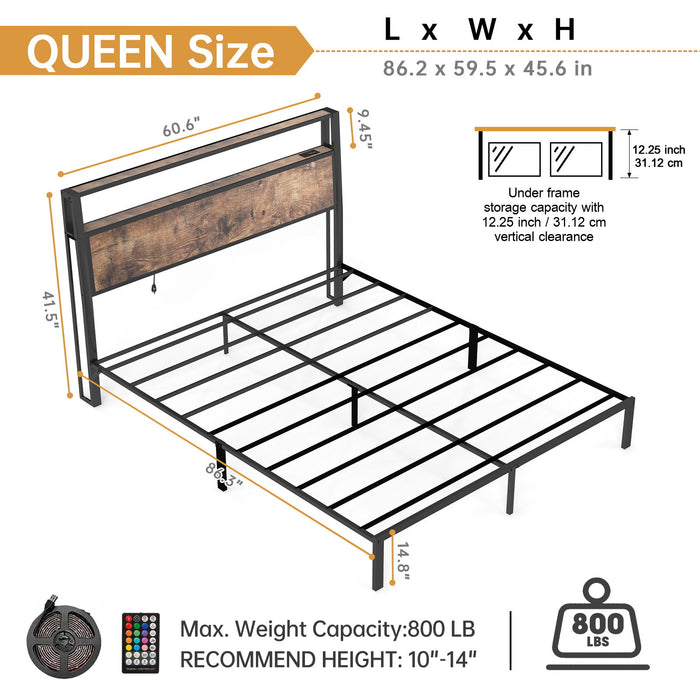 Bed Frame With Headboard, LED Lights & Charging Station