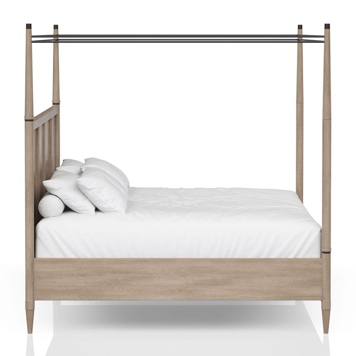 Queen Canopy Bedroom Set With A 2 Drawer Nightstand A Dresser With Poster Mirror And A Door Chest - Sand