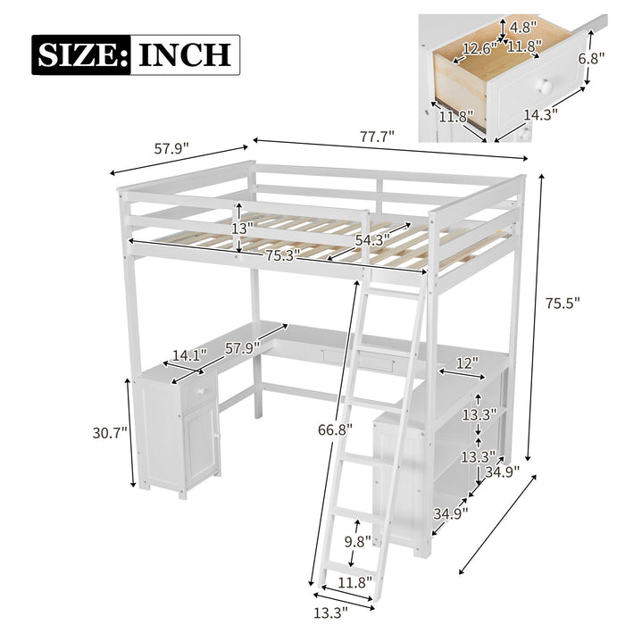 Loft Bed With U Shaped Desk, Drawers, And Storage Shelves