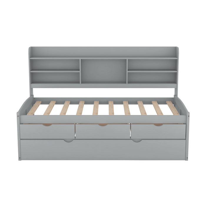 Captain Bed With Built In Bookshelves, 3 Storage Drawers, And Trundle