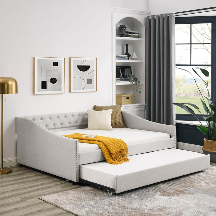 Upholstered Tufted Daybed With Drawers, Waved Arms
