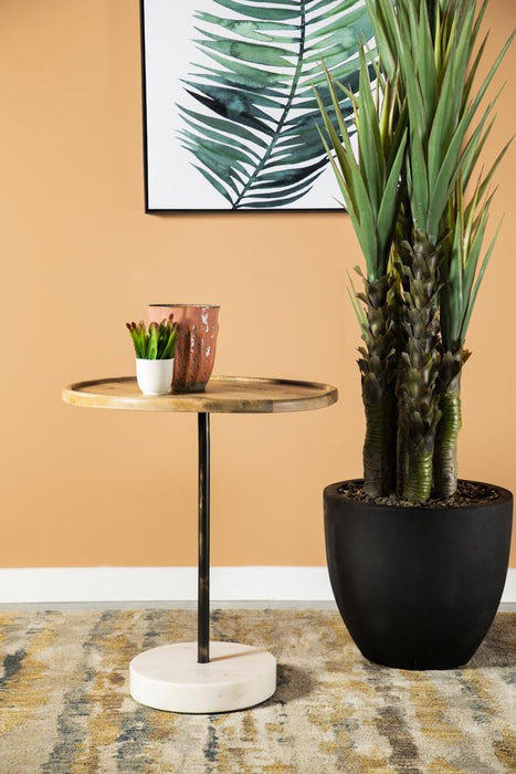 Ginevra Wood Top Marble Base Table Natural Brown and White