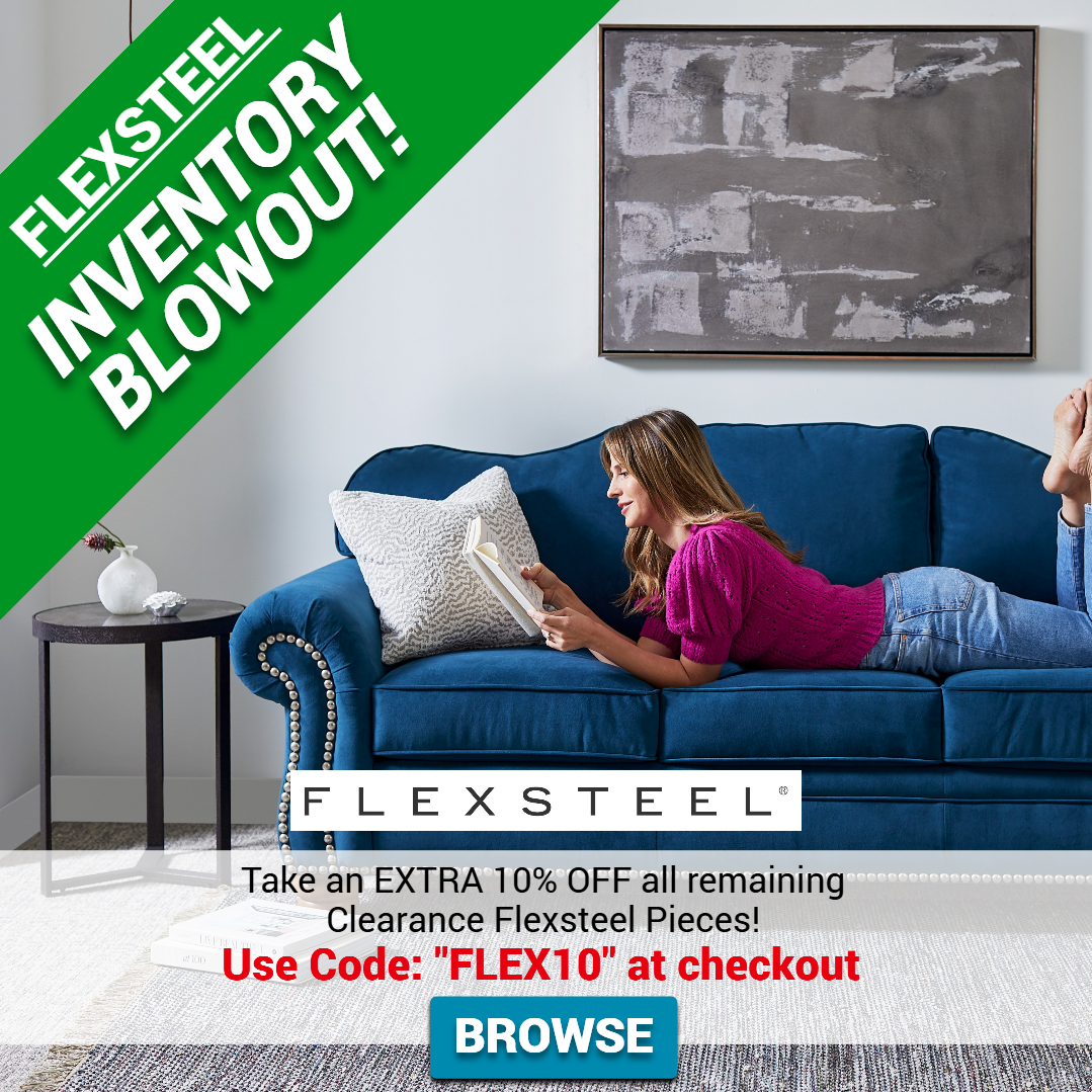 Flexsteel inventory blowout sale. Lady relaxing on sofa. Banners highlighting an extra 10% off discount