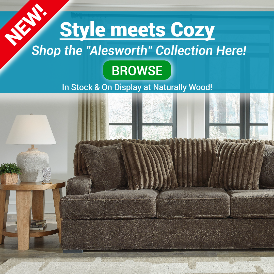 The Alesworth Sofa now in stock, picture of sofa in living room setting. Banner encouraging customers to browse