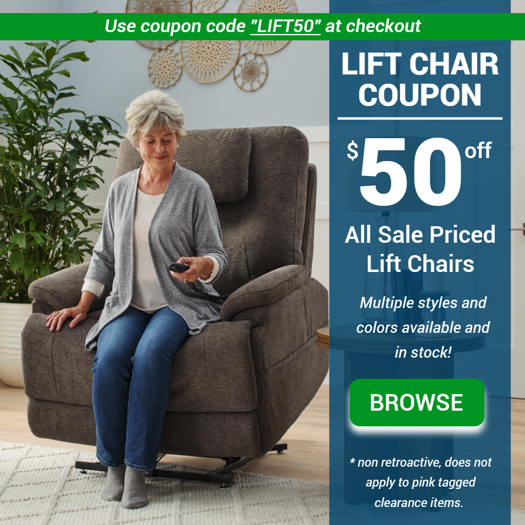 A comfortable lift chair displayed in a cozy living room setting with a woman, with a bold banner reading 